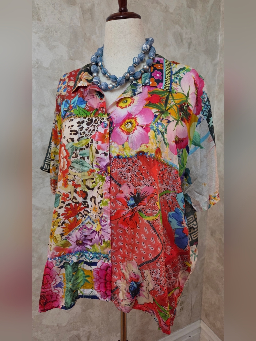 Johnny Was 100% Silk Patchwork Boho Blouse XL Colorful Floral Button Up Top